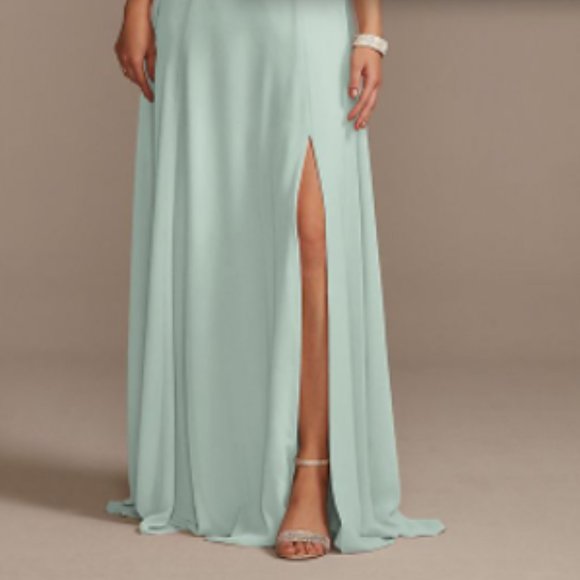 Davids Bridal cowl neck chiffon bridesmaid dress with slit - Picture 2 of 14